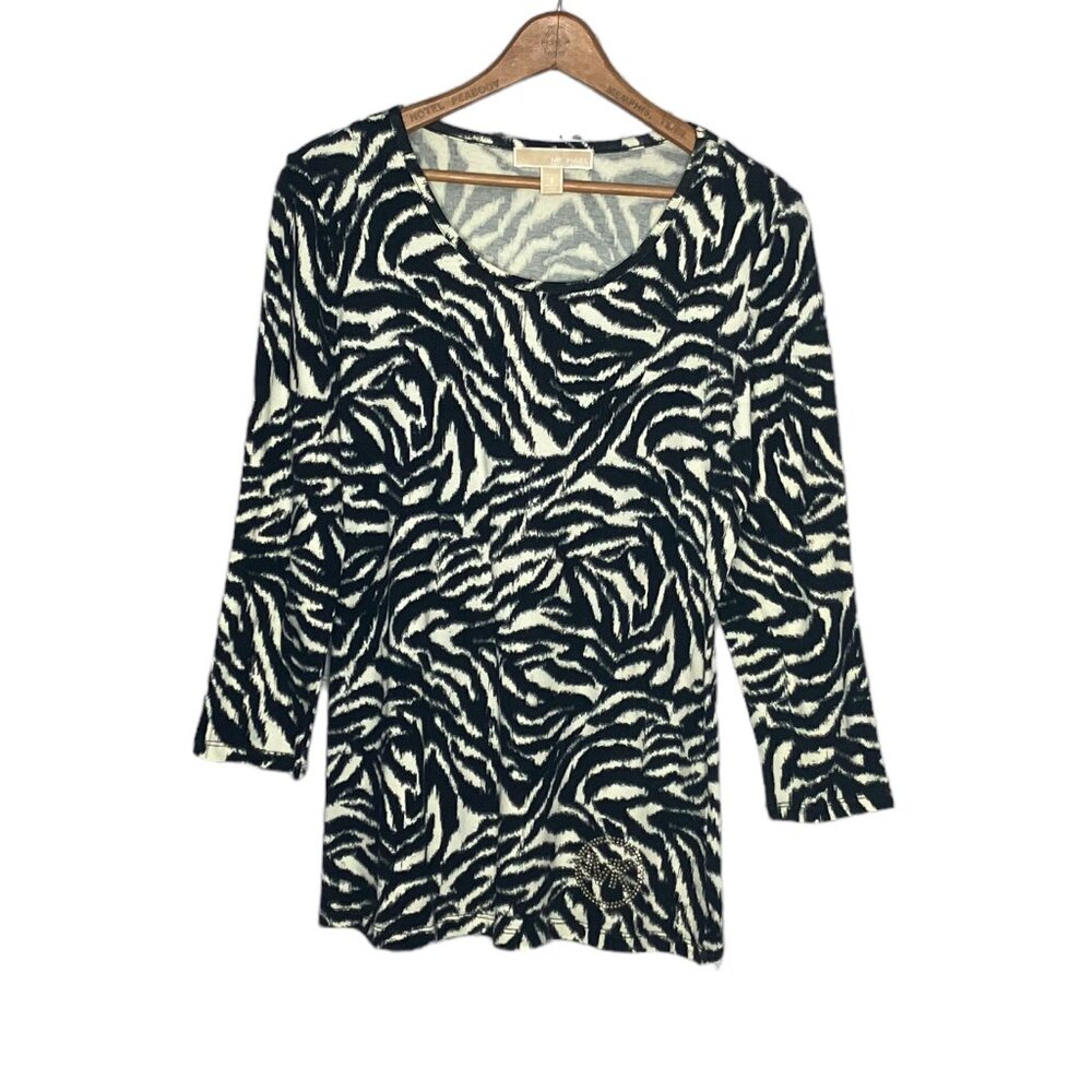 Vintage Y2K 00s Michael Kors S Black Zebra Scoop Neck Rhinestone Logo Top Tee